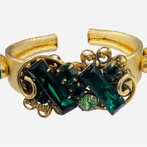 Vintage Teal Green Baguette and Rhinestone Flexible Hinged Bracelet